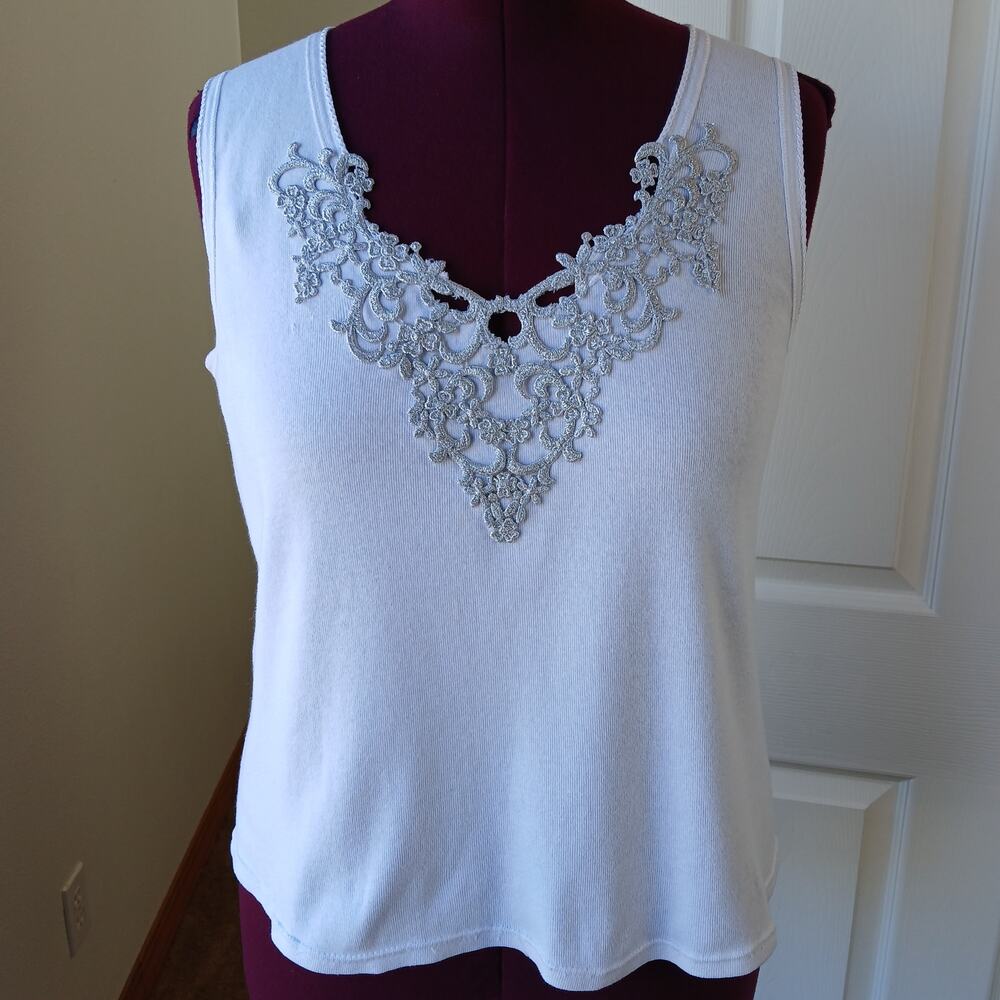 Kleids Classic Tank Top Silver Lace on White OS Large seamless cotton repaired